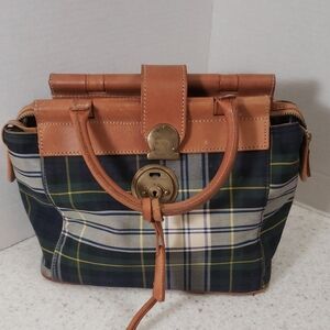 Classic Plaid Tote Handbag with Tan Leather Trim